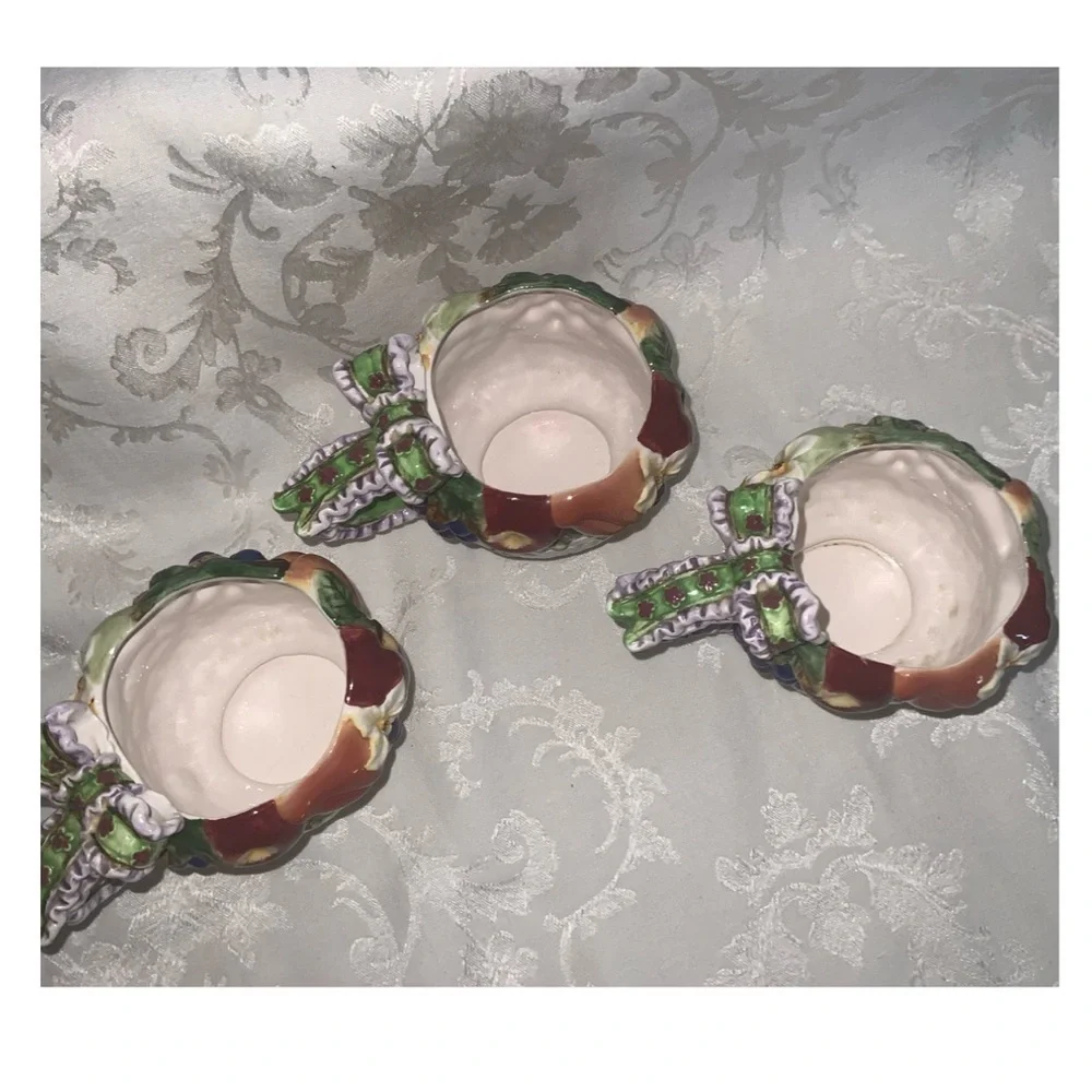 Tea For 3~Vintage 1970’s Colorful Fruit In A Basket~Ceramic Tea Pot & Three Cups